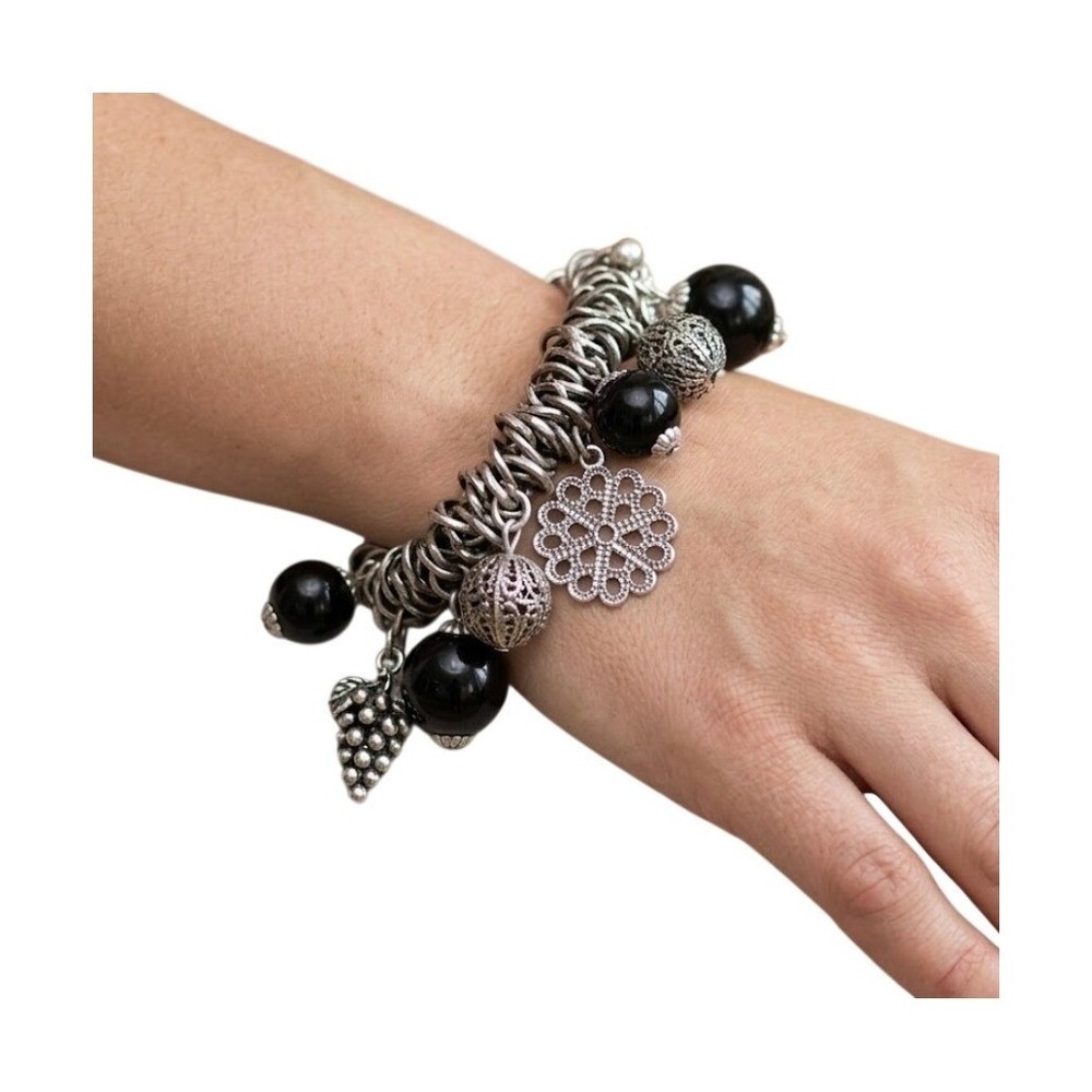 Vintage Beaded Bracelet Black Silver Tone Metal‎ Chain Link Plastic Metal Beads